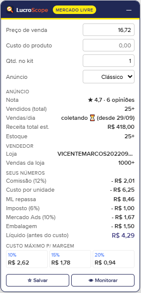 Painel real do LucroScope no Mercado Livre